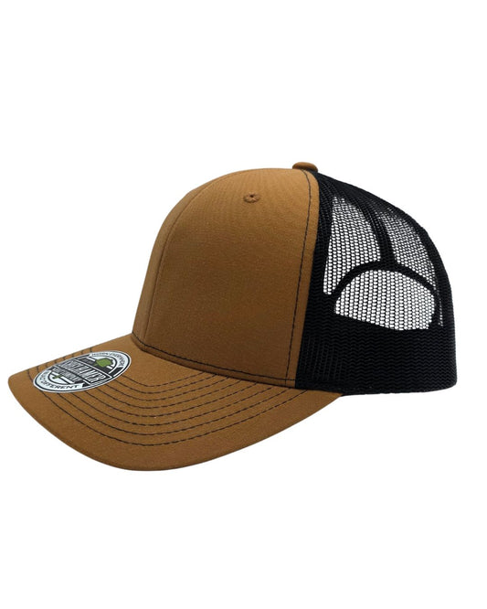 Caramel & Black Classic 6 panel mesh trucker hat blank by Shelhamer Hat Co. | rugged blank for embroidery and patches