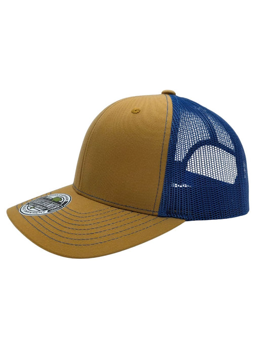 Wheat & Royal Classic 6 panel mesh trucker hat blank by Shelhamer Hat Co. for embroidery and patches.