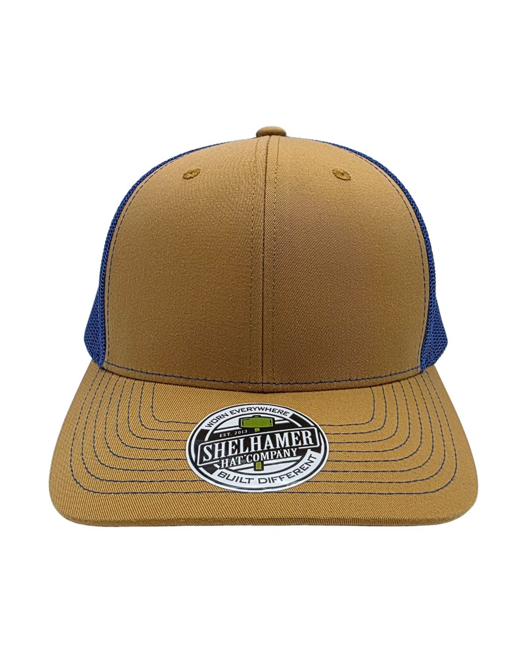 Wheat & Royal Classic 6 panel mesh trucker hat blank by SHC. Wholesale for embroidery and patches.