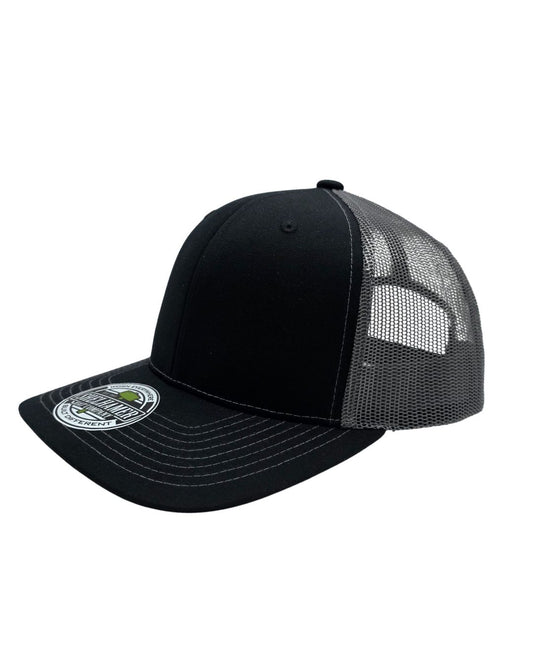 Black & Charcoal Classic 6 panel mesh trucker hat blank by Shelhamer Hat Co. for embroidery and patches.