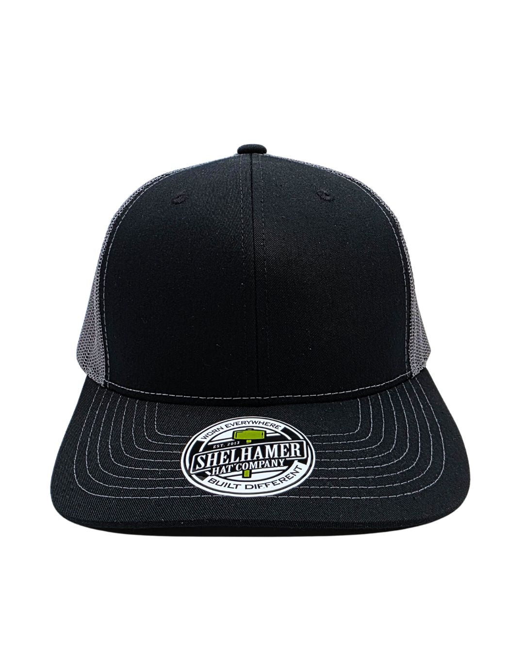 Black & Charcoal Classic 6 panel mesh trucker hat blank by Shelhamer Hat Co. for embroidery and patches.