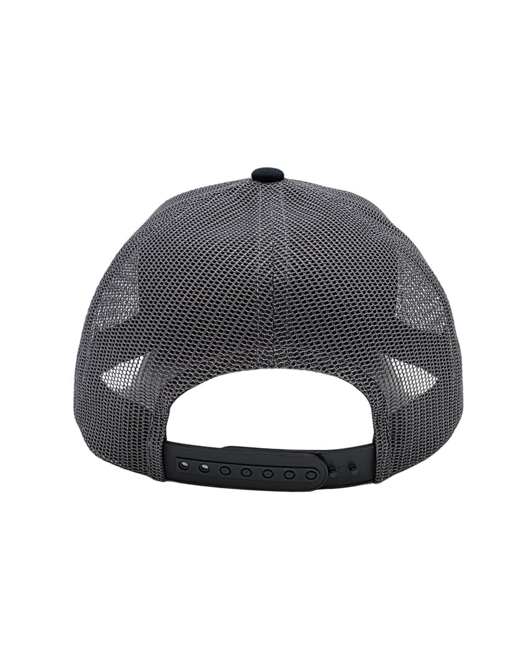 Black & Charcoal Classic 6 panel mesh trucker hat blank by Shelhamer Hat Co. for embroidery and patches.