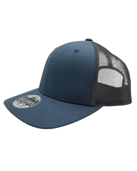 Break Blue & Charcoal Classic trucker hat blank by Shelhamer Hat Co. | 6 panel mesh snapback for embroidery and patches