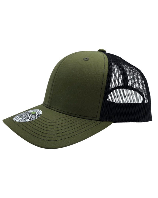 Olive & Black Classic trucker hat blank by Shelhamer Hat Co. | rugged 6 panel snapback for embroidery and patches